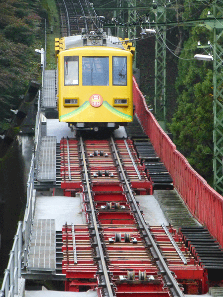 Yellow cable car glides to Mt Mitake