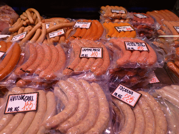 Loops of fresh-made sausages in Oslo's Mathallen food hall