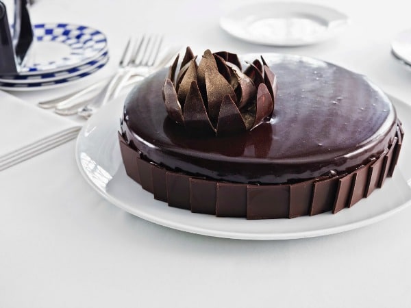 A chocolate frosted cake on a plate