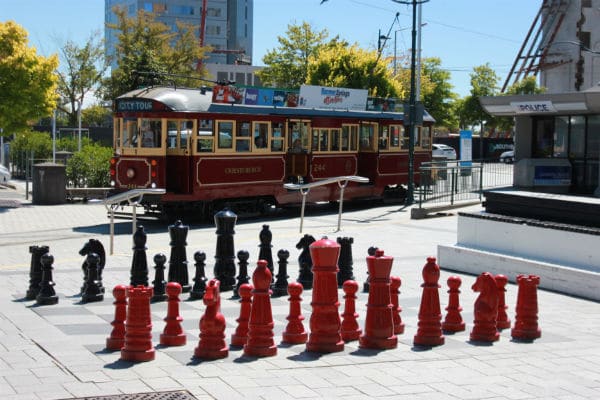 Historic Tram passing Cathedral Square - In Christchurch New Zealand