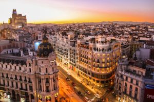 Sunset view of Grand Via in Mardrid